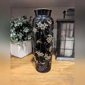 Vintage Japanese Cherry Blossom & Sparrow Bird Black Flower Vase 9.5" tall